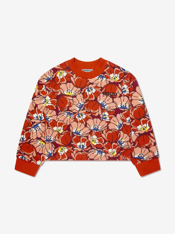 KENZO Girls Boke Flower Sweatshirt in Orange Hoodie with Batwing Sleeves Loose Dramatic