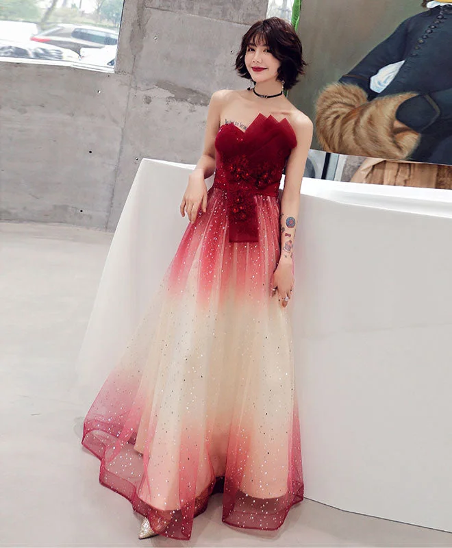 Burgundy Tulle Sequin Long Prom Dress, Tulle Evening Dress Tunics Vintage classic
