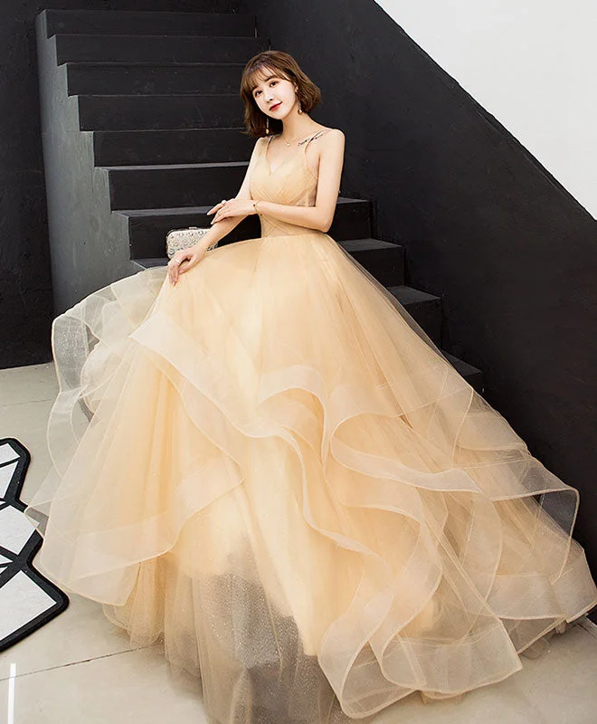 Champagne V Neck Tulle Long Prom Dress, Tulle Evening Dress Tunics Practical easy-care Champagne V Neck Tulle Long Prom Dress, Tulle Evening Dress Tunics Practical easy-care