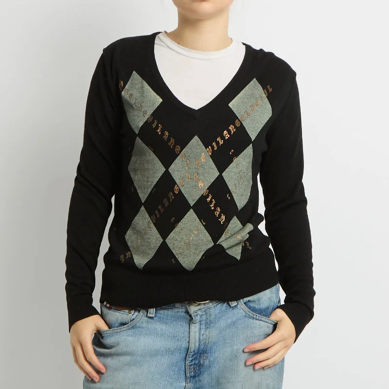 V-Neck Graphic Detail Fine Knit Sweatshirt - UK 10 Hoodie with Zipper Versatile Modern
