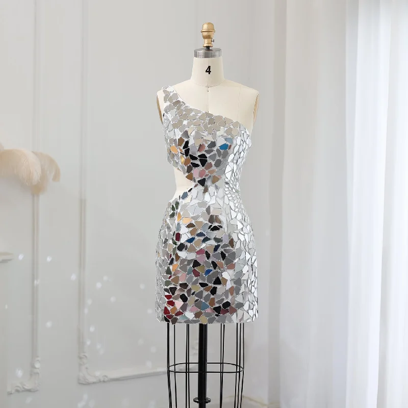 Sharon Said Luxury Silver Short Mini Cocktail Prom Dresses for Women Birthday Wedding Sparkly Sequin Evening Party Gowns SS011 Boat Neckline Classic Sharon Said Luxury Silver Short Mini Cocktail Prom Dresses for Women Birthday Wedding Sparkly Sequin Evening Party Gowns SS011 Boat Neckline Classic