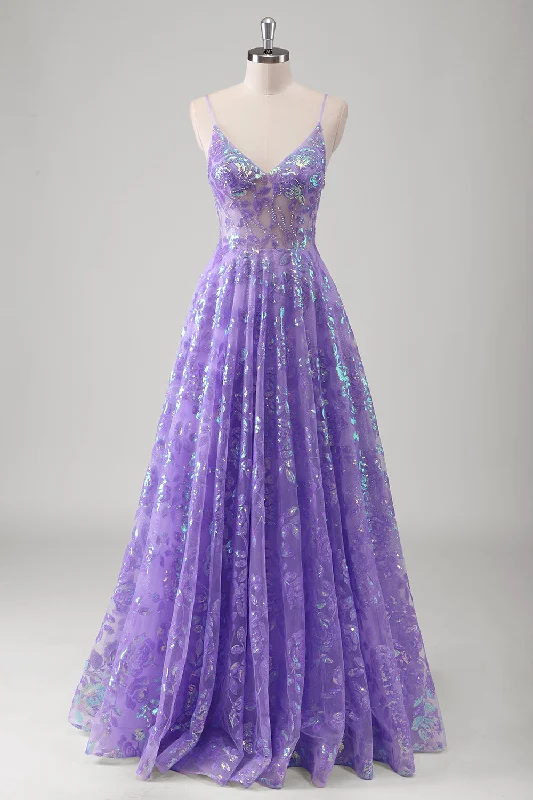Purple A Line Spaghetti Straps Long Printed Prom Dress With Sequins Tunics Satin smooth Purple A Line Spaghetti Straps Long Printed Prom Dress With Sequins Tunics Satin smooth