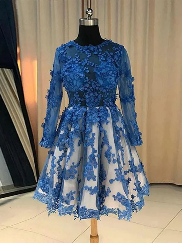 Long Sleeves Short Blue Lace Prom Dresses, Short Blue Lace Formal Homecoming Graduation Dresses Tunics Fashionable chic Long Sleeves Short Blue Lace Prom Dresses, Short Blue Lace Formal Homecoming Graduation Dresses Tunics Fashionable chic