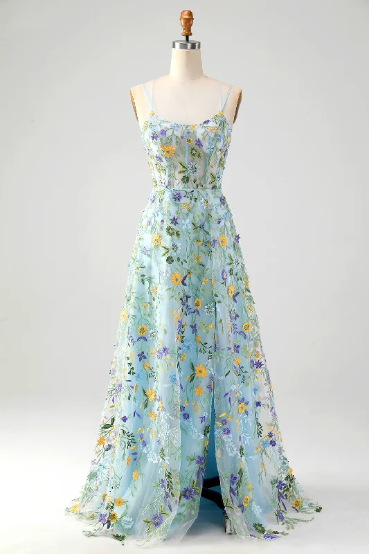 Blue Flower A Line Spaghetti Straps Corset Embroidered Prom Dress with Slit Tunics Spring floral Blue Flower A Line Spaghetti Straps Corset Embroidered Prom Dress with Slit Tunics Spring floral