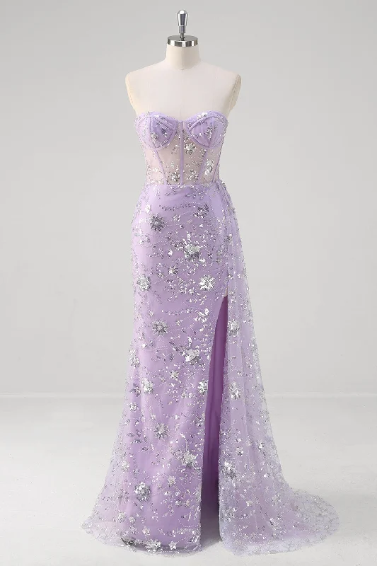 Light Purple Mermaid Strapless Corset Sequin Prom Dress With Slit Tunic Top Casual