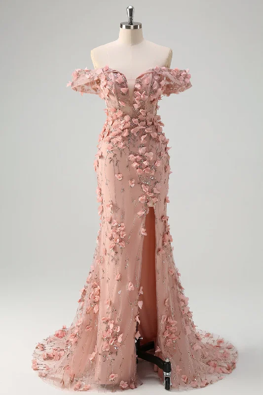 Blush Mermaid Off the Shoulder Slit Long Prom Dress With 3D Flowers Tunics Sophisticated sleek Blush Mermaid Off the Shoulder Slit Long Prom Dress With 3D Flowers Tunics Sophisticated sleek