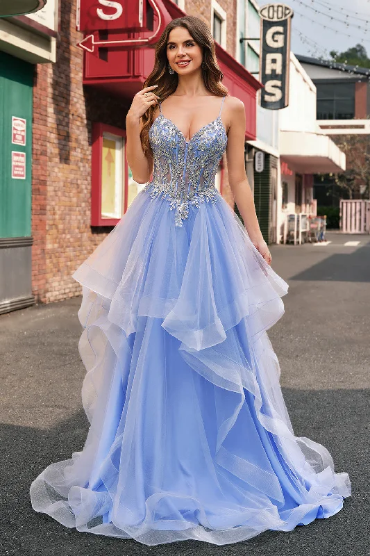 Sparkly Light Blue A Line Spaghetti Straps Spiral Ruffles Long Prom Dress with Sequins Tunics Sophisticated sleek Sparkly Light Blue A Line Spaghetti Straps Spiral Ruffles Long Prom Dress with Sequins Tunics Sophisticated sleek