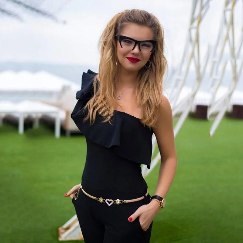 Shoulder Elegant Jumpsuit Slim Oblique Ruffles Longue OL Style Pant Rompers Red Blue Black CC8118 Modern Skinny Pants