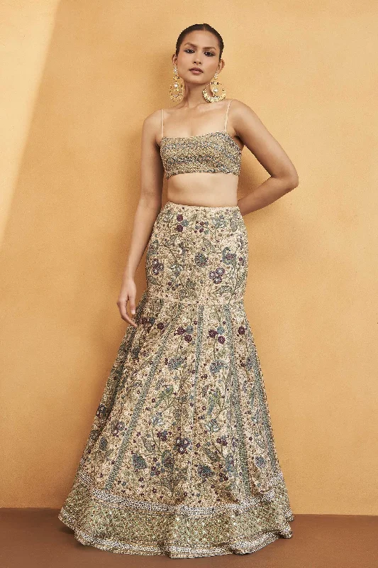 HARMONY OF THE FOREST EMBROIDERED ZARDOZI SKIRT SET - GOLD lightweight skirt design