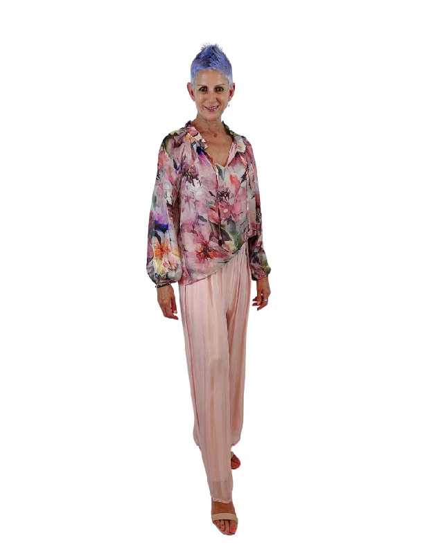 La Strada Silk Pants Pink Casual Plaid Pants