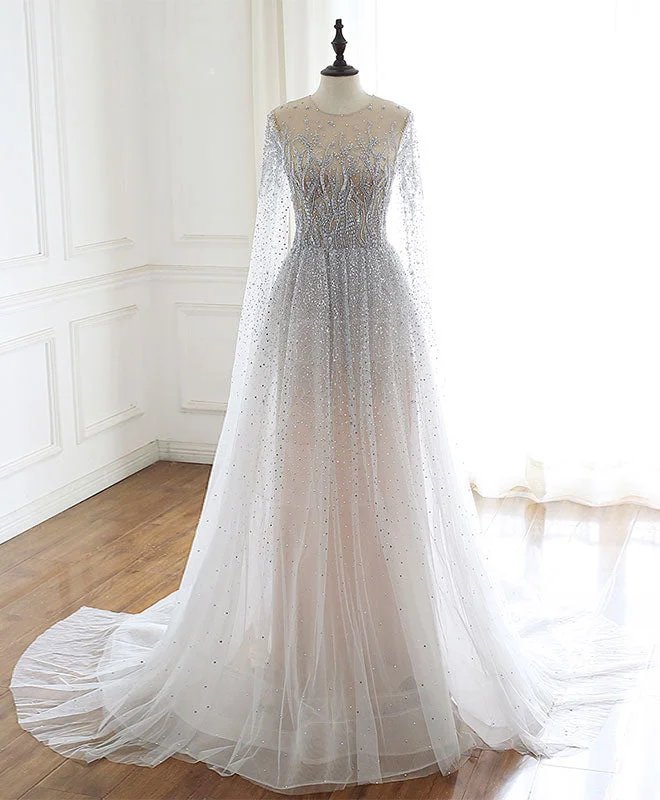 Unique Round Neck Tulle Sequin Beads Long Prom Dress Tunics Bridal satin