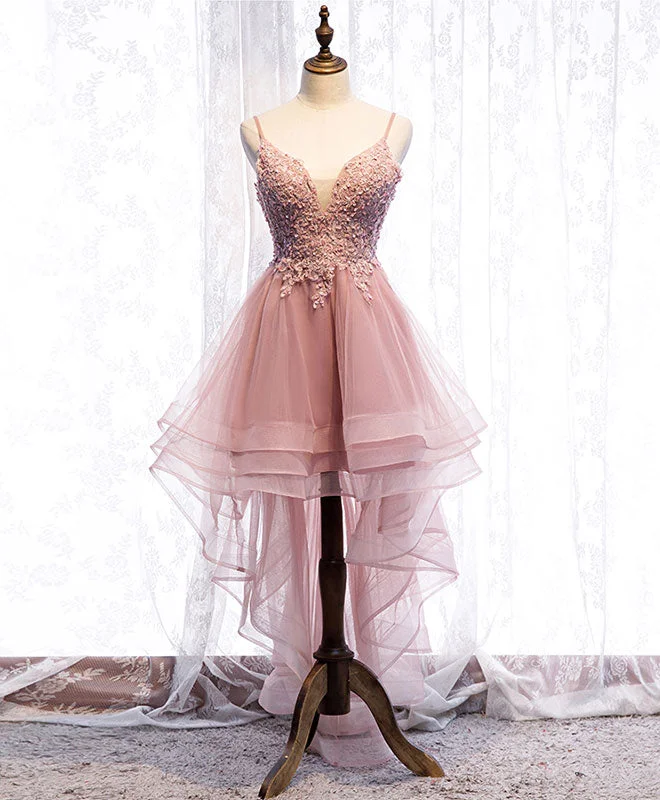 Pink Tulle Lace High Low Prom Dress, Pink Homecoming Dress Tunics Solid Classic