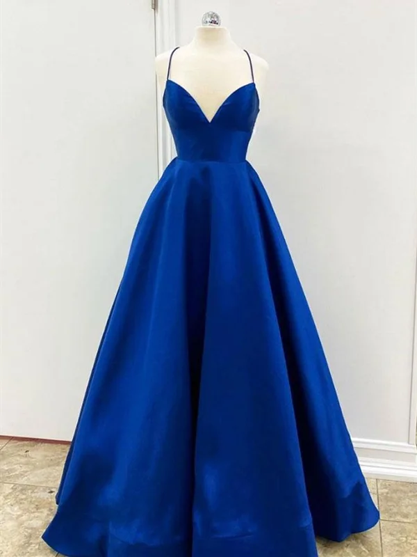 A Line V Neck Backless Royal Blue Satin Prom Dresses, Open Back Royal Blue Formal Evening Dresses Tunics Gym athletic