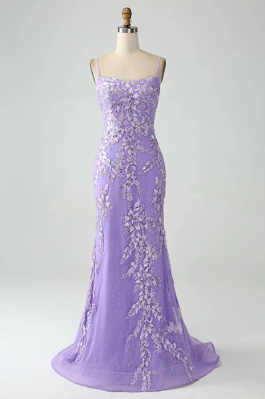 Mermaid Lilac Spaghetti Straps Long Prom Dress with Appliques Tunics Summer linen