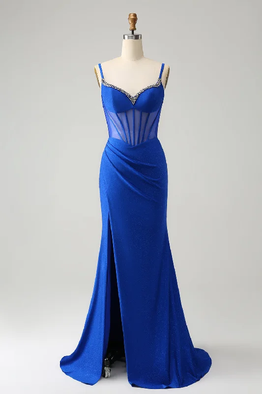 Sparkly Royal Blue Mermaid Beaded Corset Long Prom Dress with Slit Tunics Chinos classic Sparkly Royal Blue Mermaid Beaded Corset Long Prom Dress with Slit Tunics Chinos classic