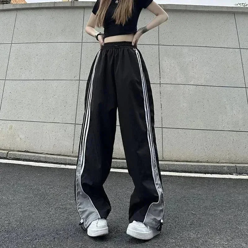 Contrast Color Side Striped Black Pants For Women Slim-Fit Khaki Pants