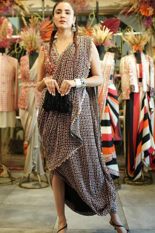 EMBELLISHED CROPTOP TEAMED WITH BLACK GEOMETRIC DRAPE SKIRT WITH ATTACHED DRAPE linen skirt airy