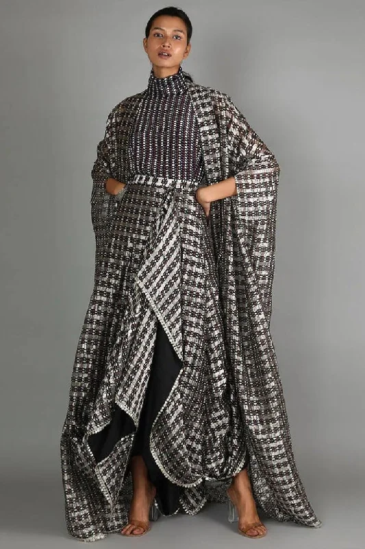 BLACK JAALI PRINT CHANDERI DRAPE SKIRT AND CAPE PAIRED WITH TURTLE NECK PRINTED TOP tulle skirt dreamy