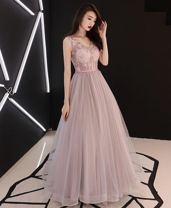 Dusty Pink V Neck Sequins Long Prom Dress, Evening Dress Turtleneck Neckline Stylish Dusty Pink V Neck Sequins Long Prom Dress, Evening Dress Turtleneck Neckline Stylish
