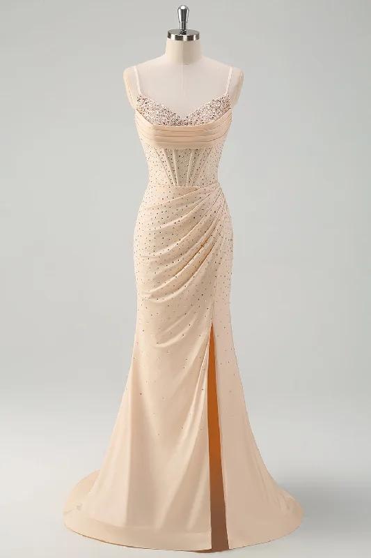 Glitter Yellow Mermaid Spaghetti Straps Beaded Long Corset Prom Dress with Slit Tunics Hiking breathable Glitter Yellow Mermaid Spaghetti Straps Beaded Long Corset Prom Dress with Slit Tunics Hiking breathable