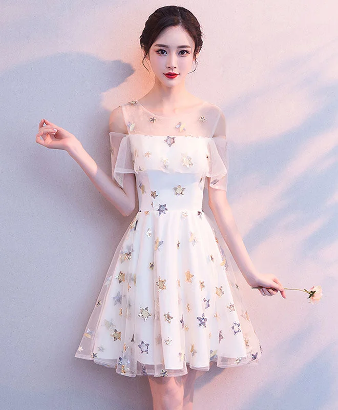 Cute White Tulle Short Prom Dress, White Homecoming Dress Tunics Polka dots