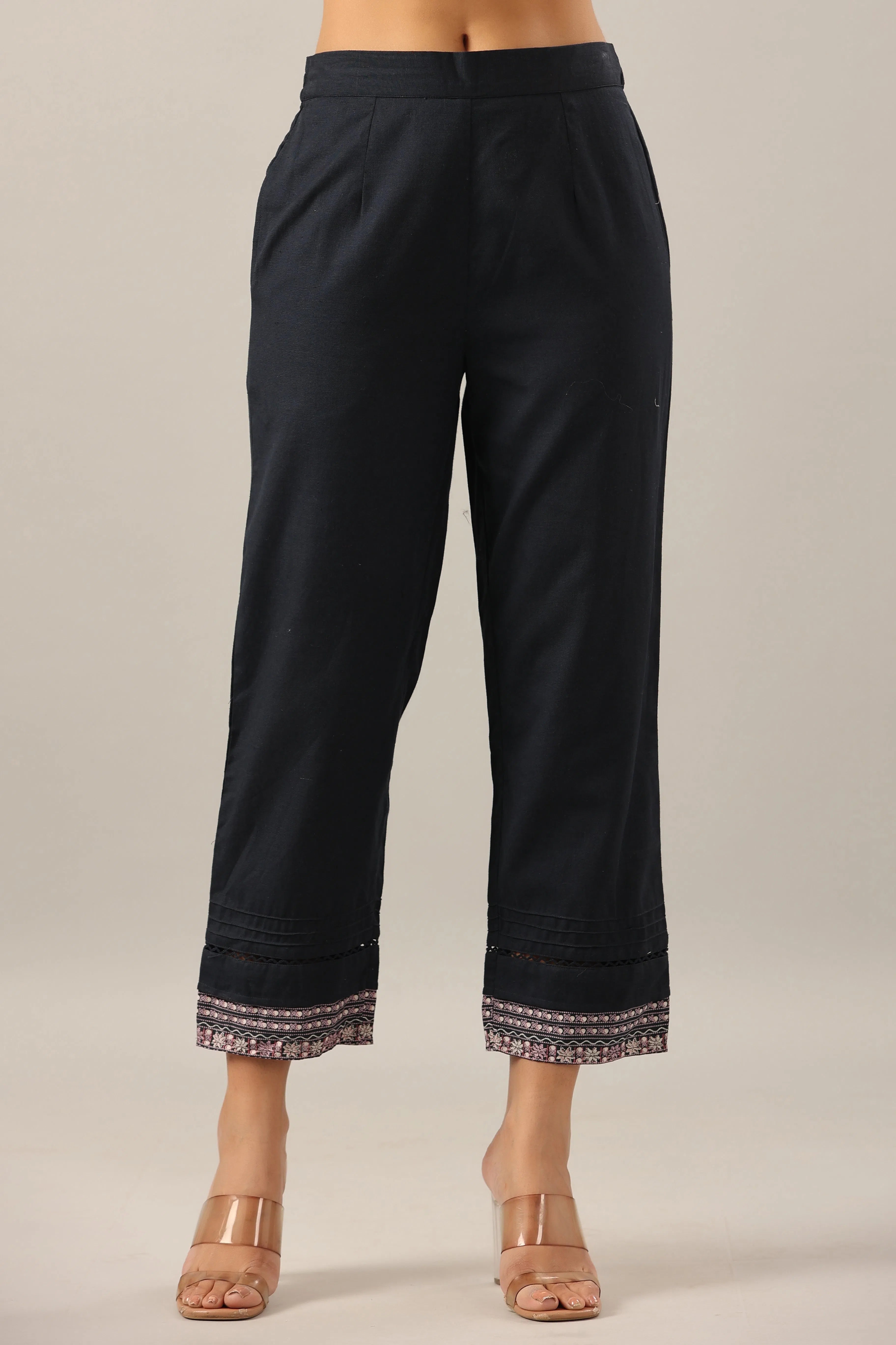 Juniper Women Navy Blue Cotton Flex Solid Pant. Cozy Full-Length Pants