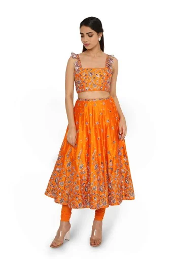 Lisa Orange Bandhani Embroidered Choli And Skirt With Attached Soft Net Churidar silk skirt sleek