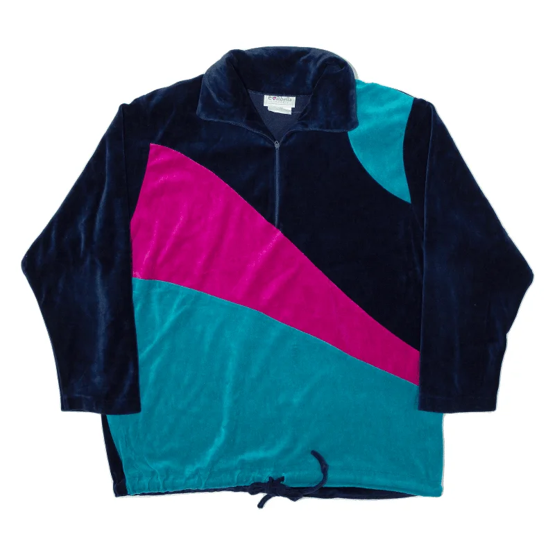 EVABELLA Velvet Sweatshirt Blue 1/4 Zip 90s Womens L Hoodie with Ribbed Hem Stretchable Secure