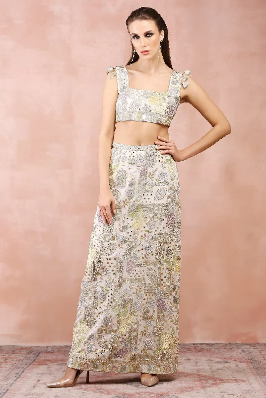OFF WHITE APPLIQUE EMBROIDERED CHOLI AND SKIRT velvet skirt plush