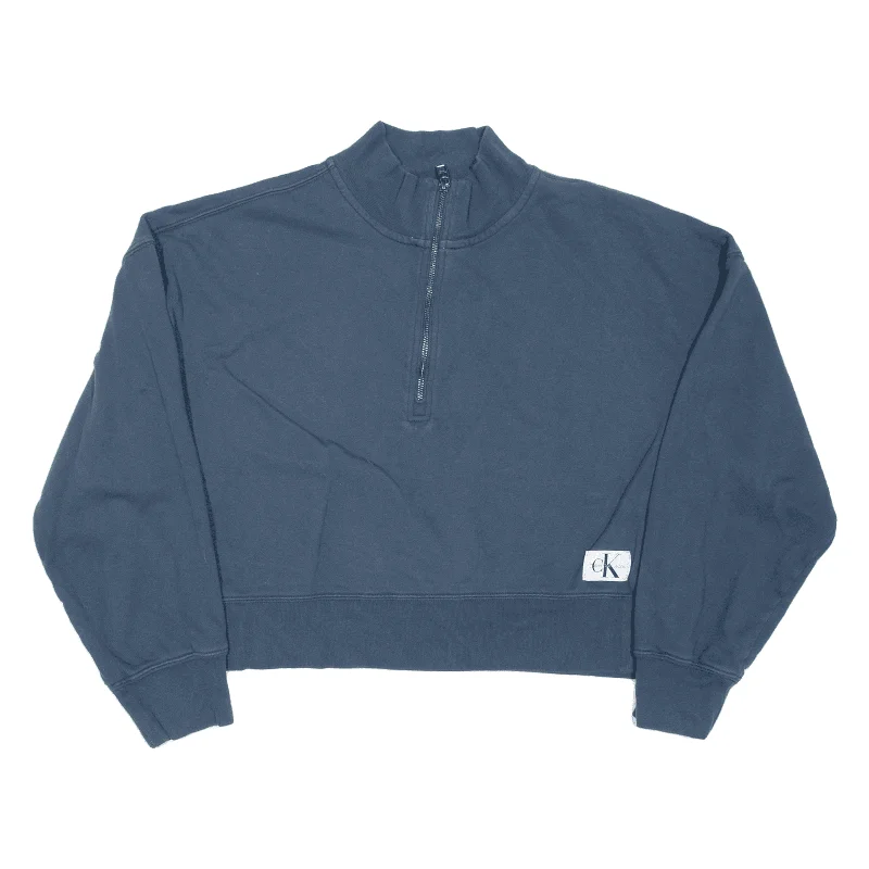 CALVIN KLEIN Cropped Sweatshirt Blue 1/4 Zip Womens L Hoodie with Raglan Sleeves Sporty Comfortable