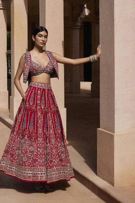 Alakana SEWA Hand-embroidered Silk Skirt Set - Red modal blend skirt