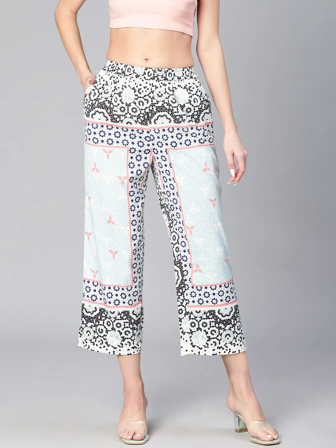 Light Multicolor Abstract Print Elsticated Women Pants Comfy Zip-Up Pants