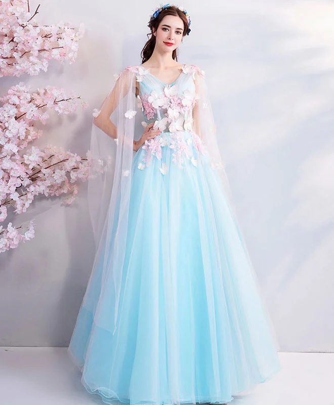 Blue V Neck Tulle Long Prom Dress, Blue Tulle Evening Dress Tunics Seasonal trendy