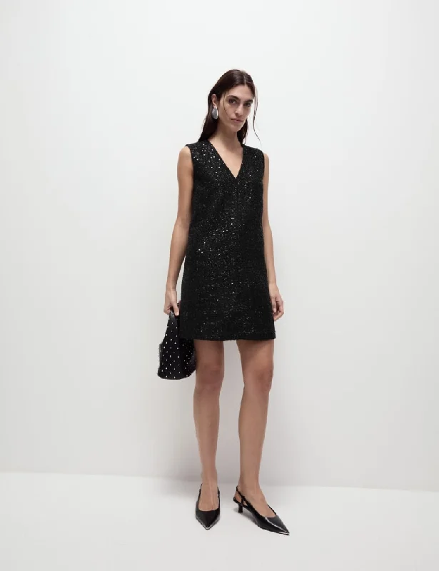 Sparkly V-Neck Mini Shift Dress Tunics Short Trendy