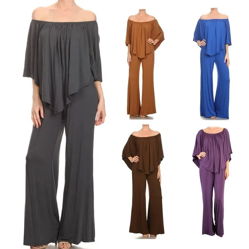 Advbridge -  Two Piece Sets Women Outfits Summer Solid Wide Leg Women's Pant Sets Long Sleeved Top Slash Neck Streetwear Casual Pants Set Fashionable Tapered Leg Pants