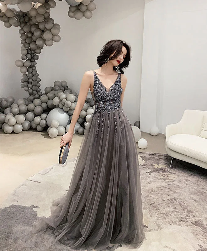 Gray V Neck Tulle Beads Long Prom Dress, Gray Tulle Evening Dress Turtleneck Neckline Stylish Gray V Neck Tulle Beads Long Prom Dress, Gray Tulle Evening Dress Turtleneck Neckline Stylish