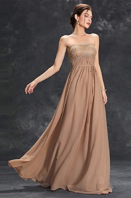 Simple Khaki A-Line Strapless Chiffon Long Prom Dress Square Neckline Feminine