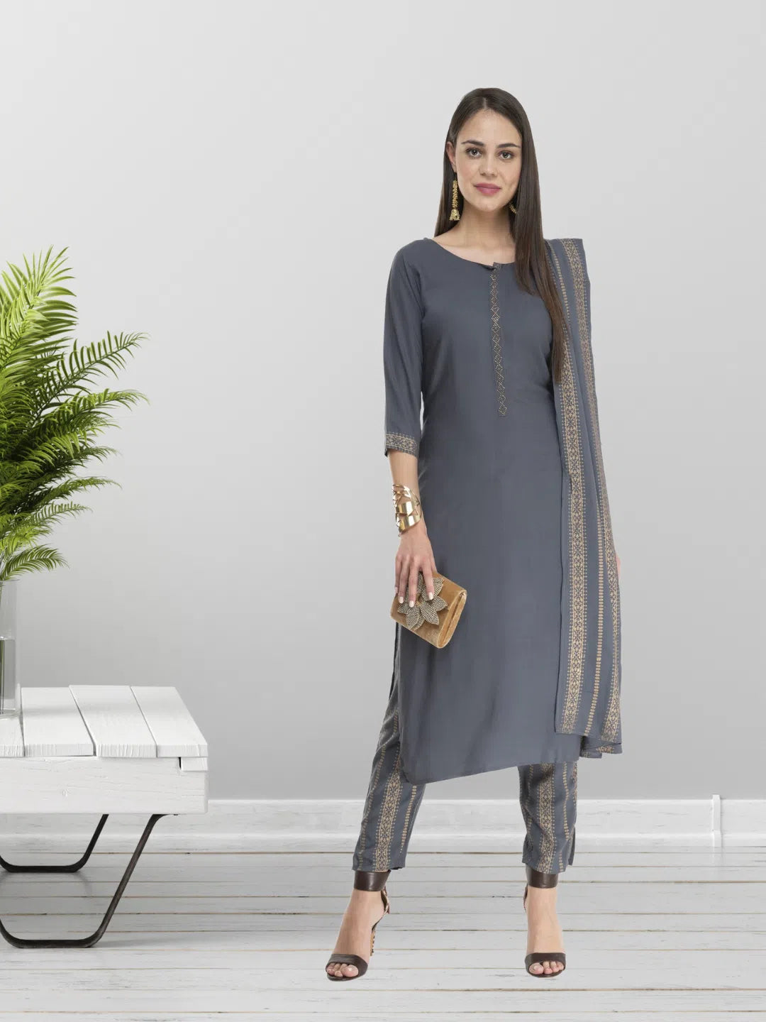 Subtle Grey Kurta Pant Set With Dupatta Comfortable Wide-Leg Pants