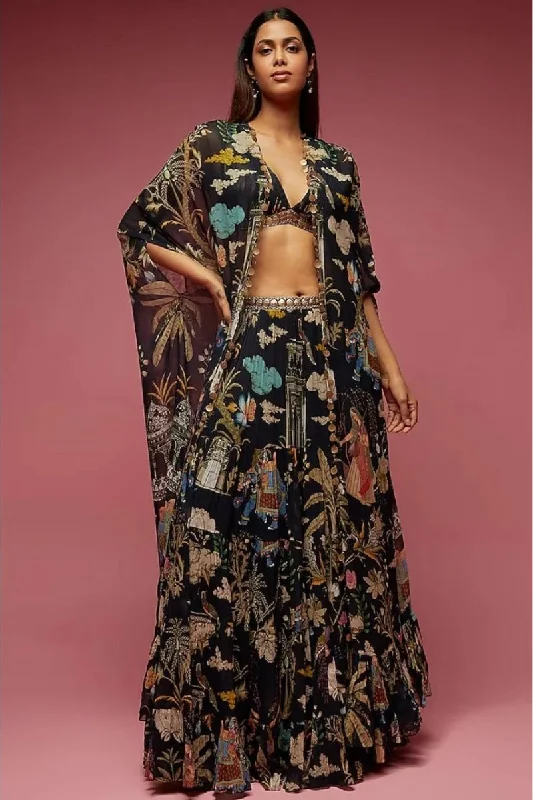 Black Flowy Skirt Set patchwork skirt art