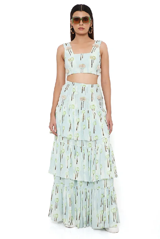 PALE BLUE SMALL PALM GEORGETTE PRINTED EMBROIDERED TOP WITH EMBROIDERED FRILL SKIRT wrap skirt elegant