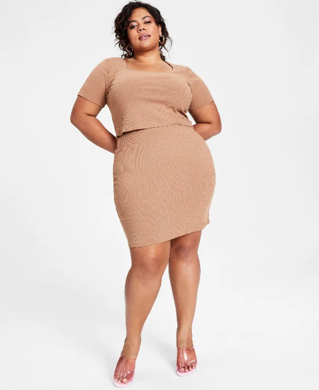 Bar III Trendy Plus Size Ribbed Mini Skirt linen skirt light