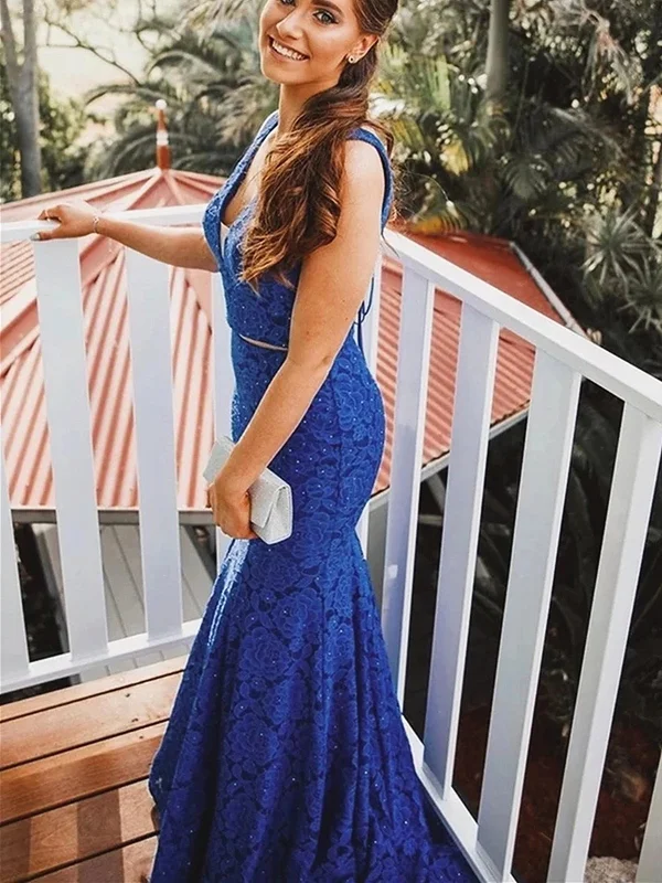 Mermaid V Neck Royal Blue Lace Prom Dresses, Royal Blue Lace Formal Evening Graduation Dresses Tunics Silk luxurious Mermaid V Neck Royal Blue Lace Prom Dresses, Royal Blue Lace Formal Evening Graduation Dresses Tunics Silk luxurious