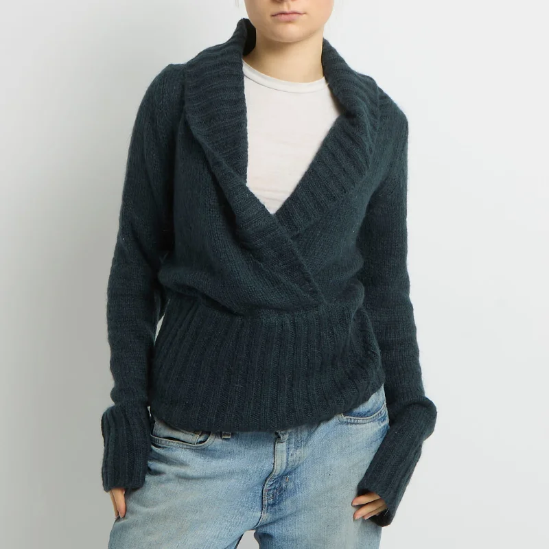 Knitted Wrap Neck Sweatshirt - UK 12 Oversized Hoodie Comfort Casual