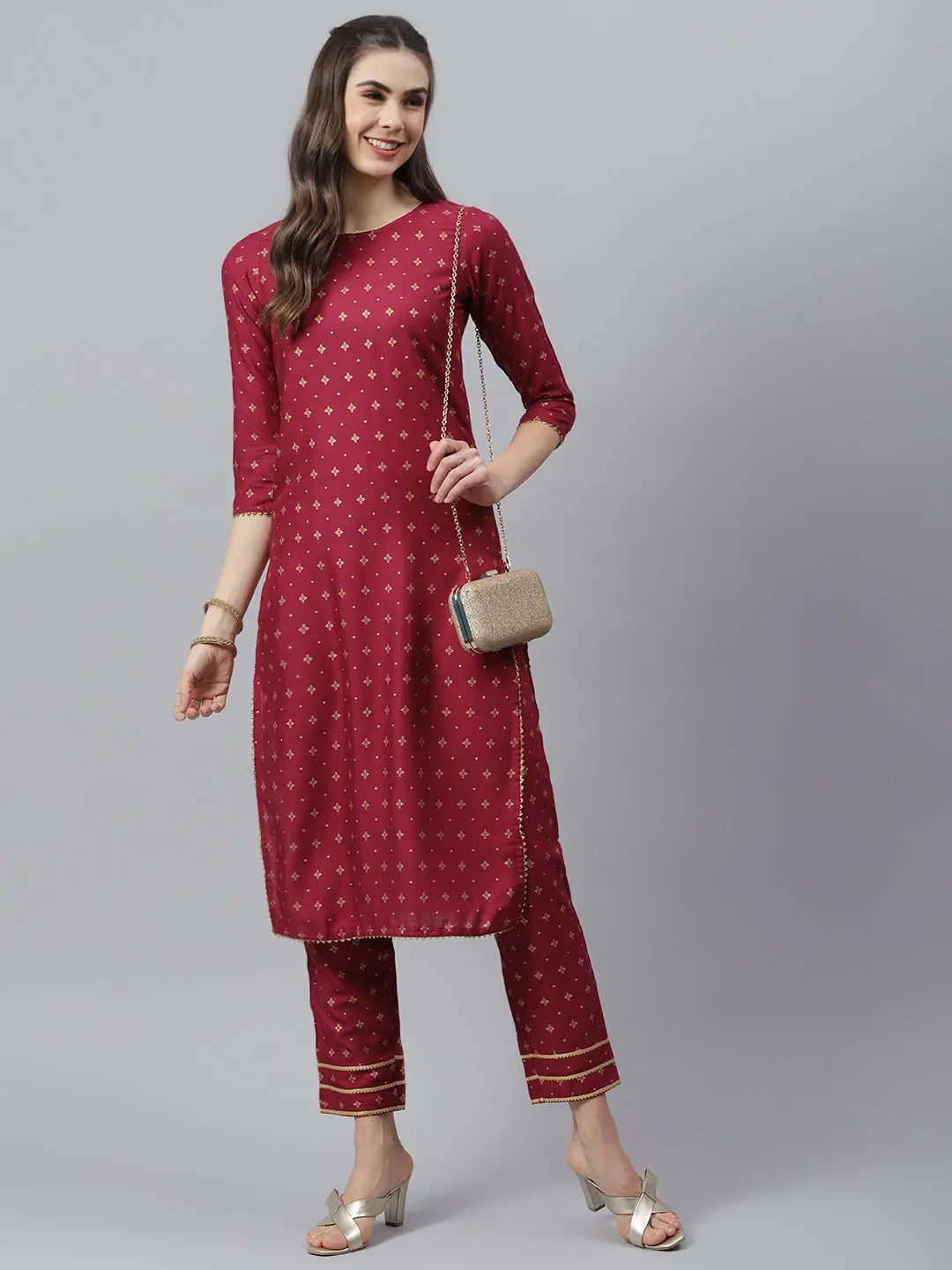 Women's Gold Printed Rayon Straight Kurta Pant Set-Brootwinekpset-XS Classic Bootcut Trousers