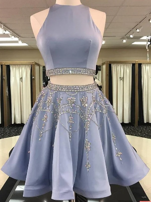 A Line 2 Pieces Beaded Blue Satin Short Prom Dresses, 2 Pieces Homecoming Dresses, Formal Dresses, Graduation Dresses Tunics Trendy modern A Line 2 Pieces Beaded Blue Satin Short Prom Dresses, 2 Pieces Homecoming Dresses, Formal Dresses, Graduation Dresses Tunics Trendy modern