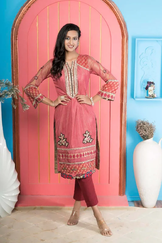 Pink Embroidered Net Straight Cut Kurta Pants Set Elegant High-Waist Pants