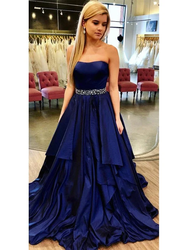 A Line Strapless Blue Prom Dresses, Blue Prom Gown, A Line Blue Formal Graduation Evening Dresses Shift Classic Vintage