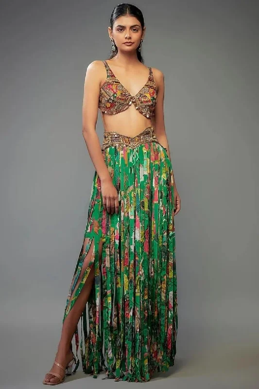 Green Crepe Printed Fringe Skirt Set cashmere skirt fine