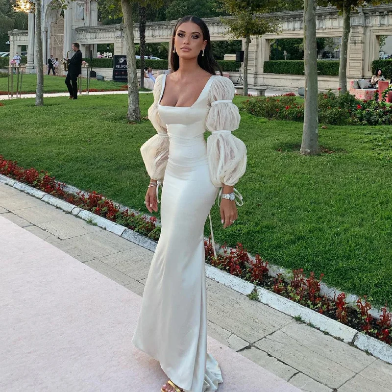 Elegant White Mermaid Evening Dress with Puff Sleeves SF021 Tunics Timeless classic