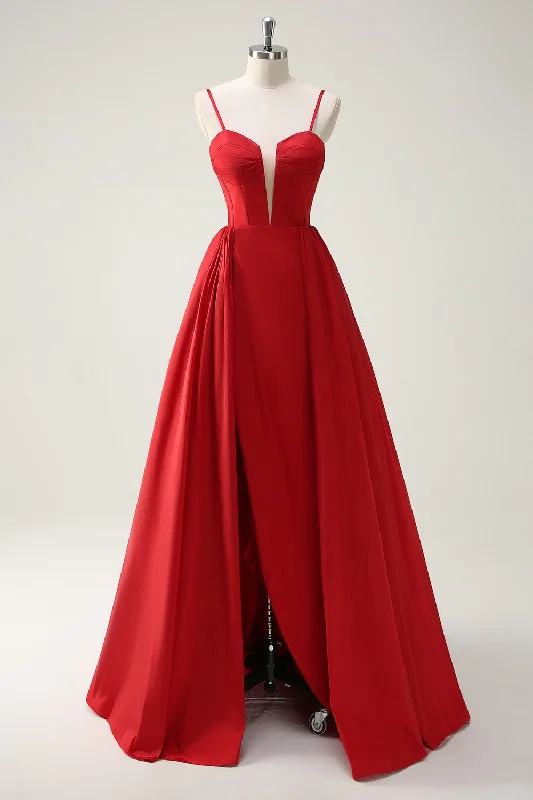 Red Ball-Gown Spaghetti Straps Lace Up Back Long Prom Dress with Slit Tunics Handmade artisanal